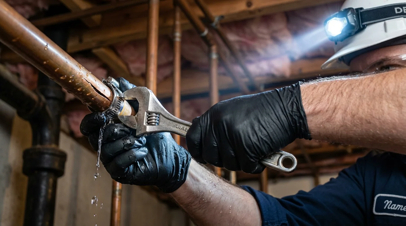 Emergency pipe clamp repair being performed by a Johns Plumbing LLC plumber in Morgantown