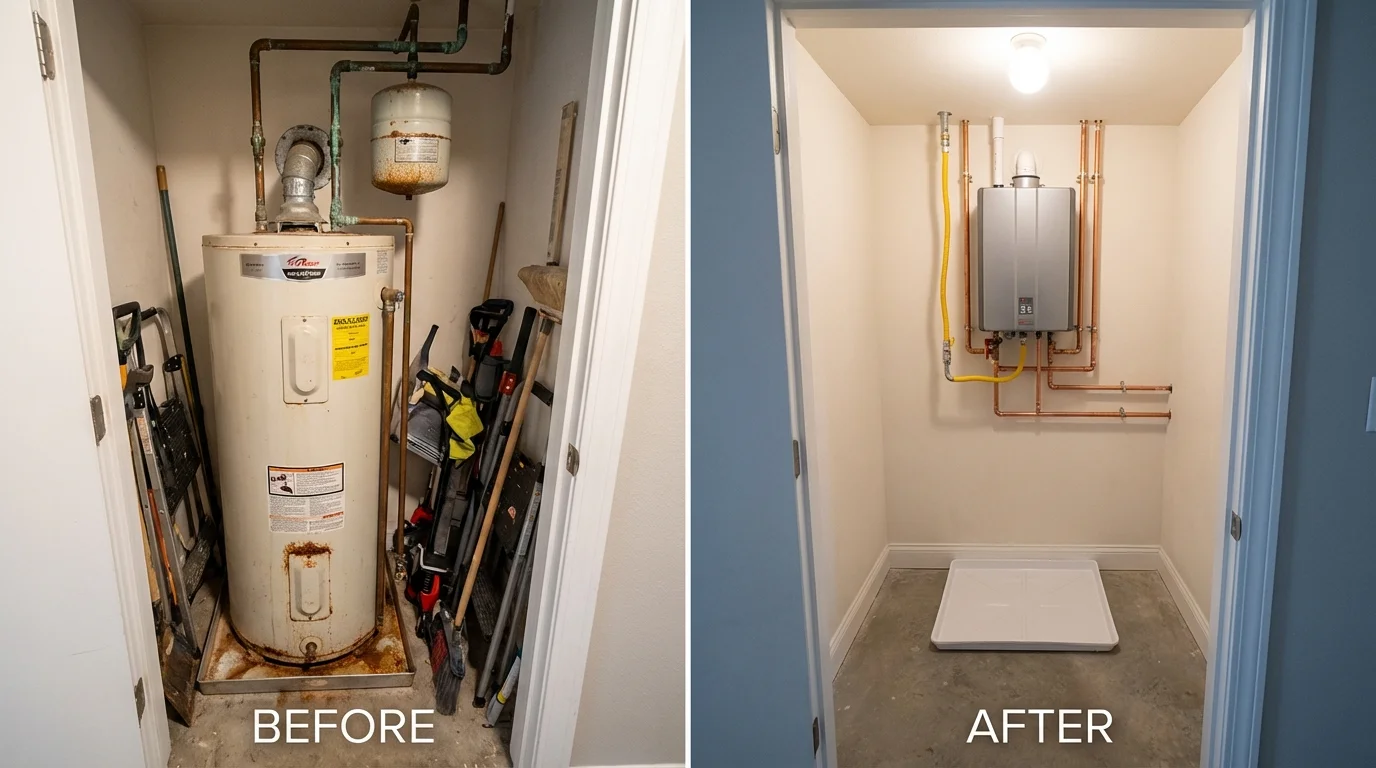 Tank water heater versus wall-mounted tankless unit comparison for Morgantown, WV homeowners