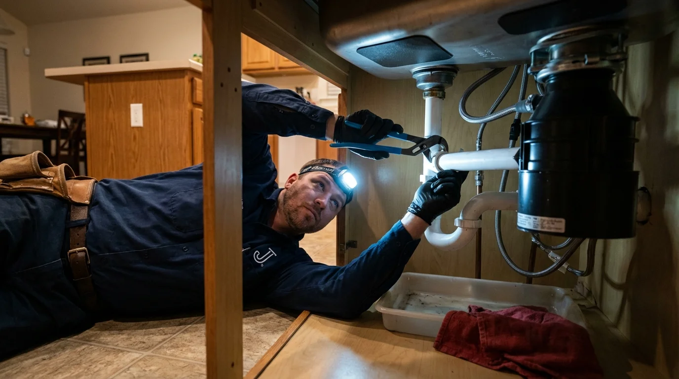 P-trap and supply line connections under a kitchen sink showing a common leak point in Morgantown, WV